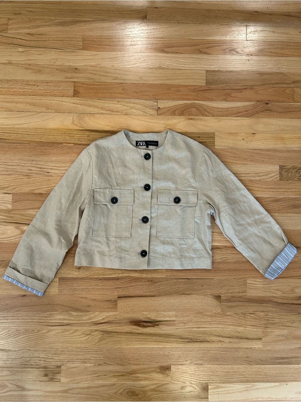 Zara linen texture Neutral Beige Boxy Cropped Jacket with Patch Pockets